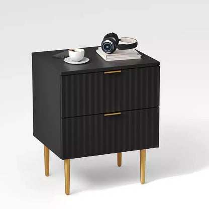 24Modern Fluted Nightstand with Charging Station & 2 Drawers, Gold & Wood Bedside Table with USB Ports & Outlets, for Bedroom, Apartment