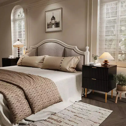24Modern Fluted Nightstand with Charging Station & 2 Drawers, Gold & Wood Bedside Table with USB Ports & Outlets, for Bedroom, Apartment