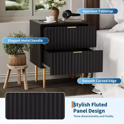 24Modern Fluted Nightstand with Charging Station & 2 Drawers, Gold & Wood Bedside Table with USB Ports & Outlets, for Bedroom, Apartment