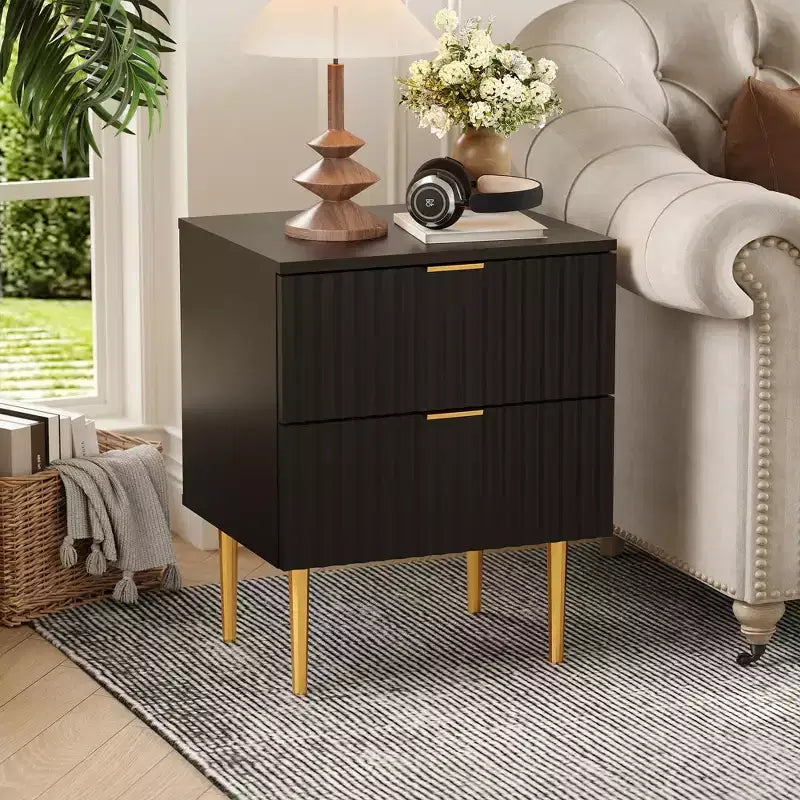 24Modern Fluted Nightstand with Charging Station & 2 Drawers, Gold & Wood Bedside Table with USB Ports & Outlets, for Bedroom, Apartment