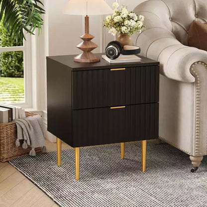 24Modern Fluted Nightstand with Charging Station & 2 Drawers, Gold & Wood Bedside Table with USB Ports & Outlets, for Bedroom, Apartment