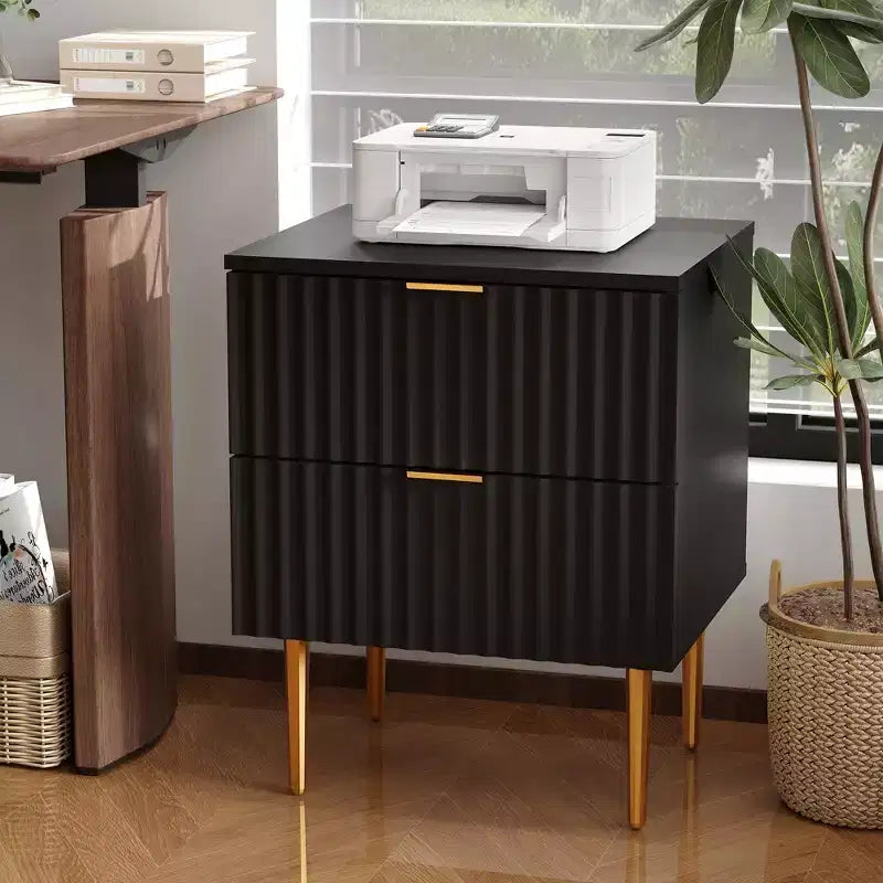 24Modern Fluted Nightstand with Charging Station & 2 Drawers, Gold & Wood Bedside Table with USB Ports & Outlets, for Bedroom, Apartment
