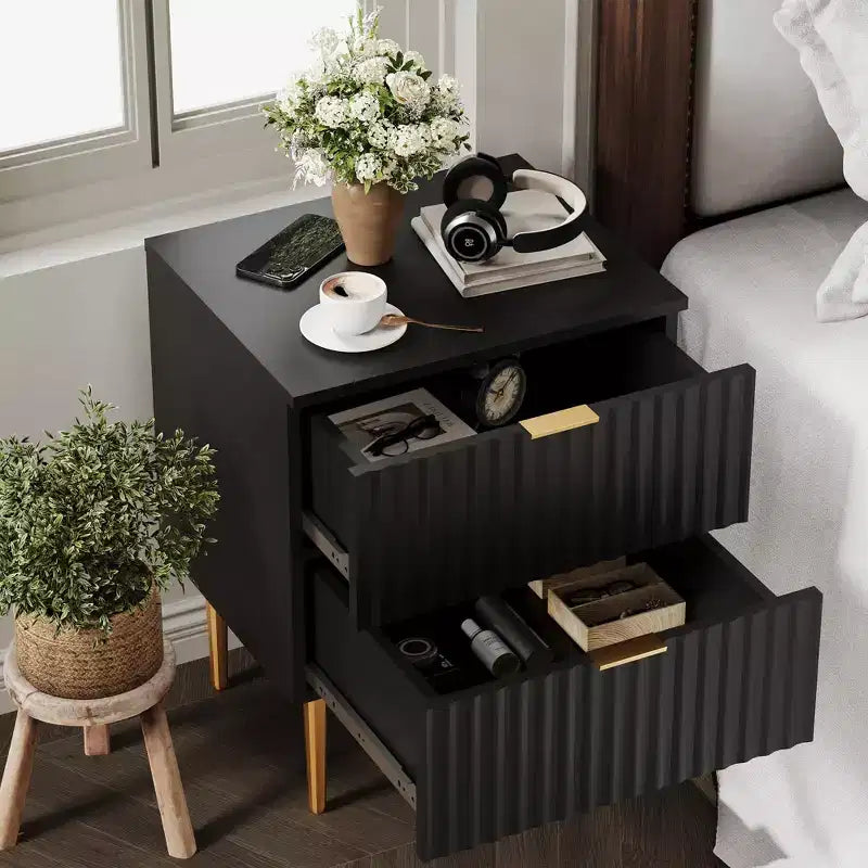 24Modern Fluted Nightstand with Charging Station & 2 Drawers, Gold & Wood Bedside Table with USB Ports & Outlets, for Bedroom, Apartment