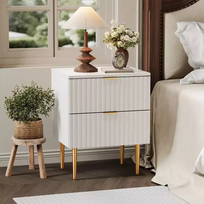 24Modern Fluted Nightstand with Charging Station & 2 Drawers, Gold & Wood Bedside Table with USB Ports & Outlets, for Bedroom, Apartment