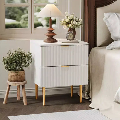 24Modern Fluted Nightstand with Charging Station & 2 Drawers, Gold & Wood Bedside Table with USB Ports & Outlets, for Bedroom, Apartment