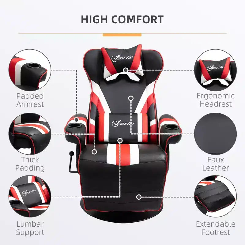 Gaming Chair, Racing Style Computer Recliner with Lumbar Support, Footrest and Cup Holder/White/Red