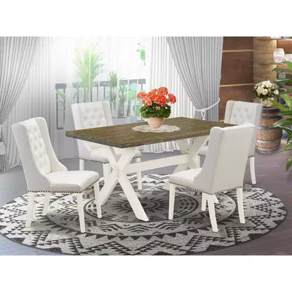 Table à manger 5 pièces en bois massif HomeStock avec plateau finition jacobine vieillie et 4 chaises