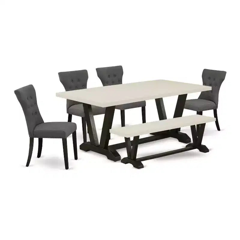 HomeStock 6-Pc Rectangle Natural Oak Finish Solid Wood Top Dining Table with 1-Bench, 4-Chairs
