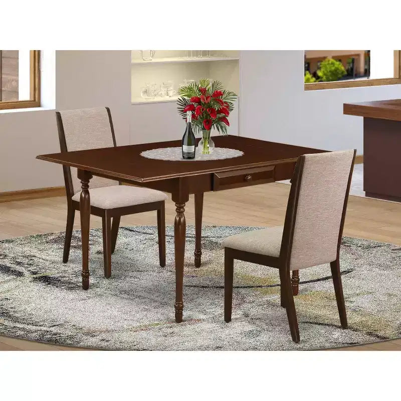 HomeStock 3-Pc Mahogany Finish Rectangular Solid Wood Top with Dropleaf Dining Table Set