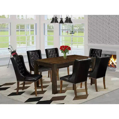 HomeStock 7-Piece Distressed Jacobean Finish Solid Wood Top Dining Table with 6 Chairs