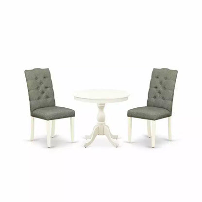 3-Piece Linen White Finish Solid Wood Top - Round Button Tufted Dining Room Set - Seats 4