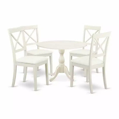 HomeStock 5-Piece Linen White Finish Solid Wood Top Dining table with 4-Chairs with Drop Leaf Lattice Back