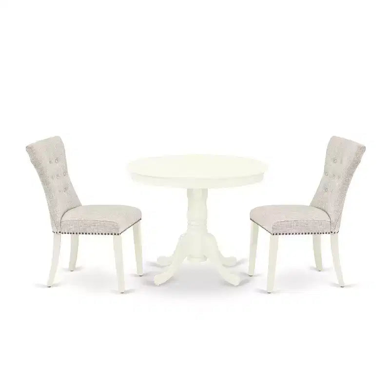 3-Piece Linen White Finish Solid Wood Top - Round Dining Room Set - Seats 4