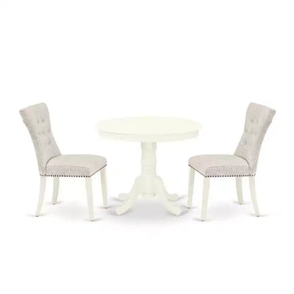 3-Piece Linen White Finish Solid Wood Top - Round Dining Room Set - Seats 4