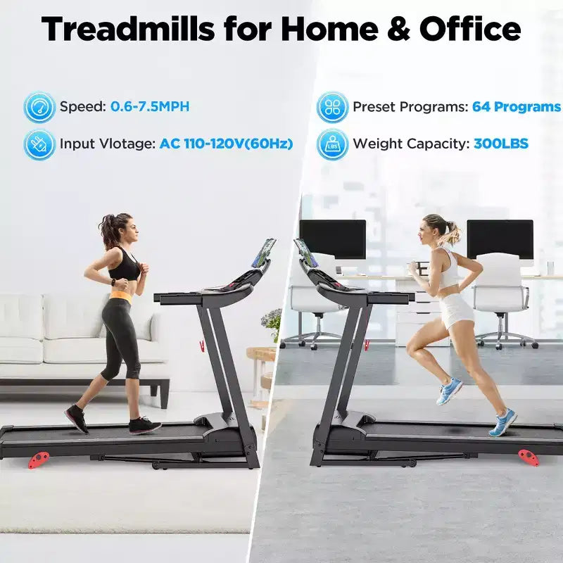 Folding Treadmill for Home with 3.0HP Motor, 300LB Capacity, 3-Level Incline, 7.5MPH Speed, 64 Programs, APP Control, Bluetooth, Free Knee Strap