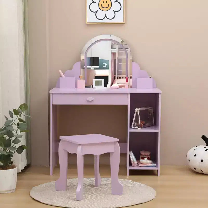 Kids Vanity Desk with Mirror, Princess Makeup Vanity Table with Stool, Drawer,Storage Shelves & Cubbies, Toddler Wood Dressing Table for Little Girls