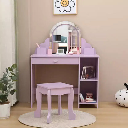 Kids Vanity Desk with Mirror, Princess Makeup Vanity Table with Stool, Drawer,Storage Shelves & Cubbies, Toddler Wood Dressing Table for Little Girls