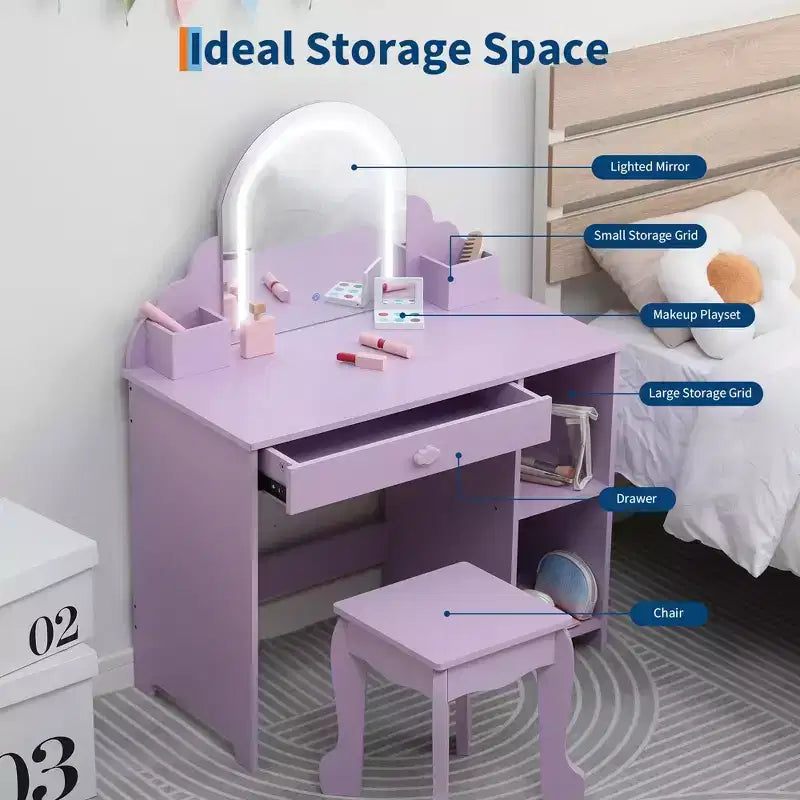 Kids Vanity Desk with Mirror, Princess Makeup Vanity Table with Stool, Drawer,Storage Shelves & Cubbies, Toddler Wood Dressing Table for Little Girls