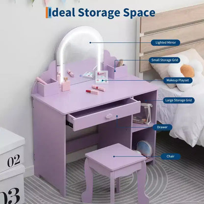 Kids Vanity Desk with Mirror, Princess Makeup Vanity Table with Stool, Drawer,Storage Shelves & Cubbies, Toddler Wood Dressing Table for Little Girls