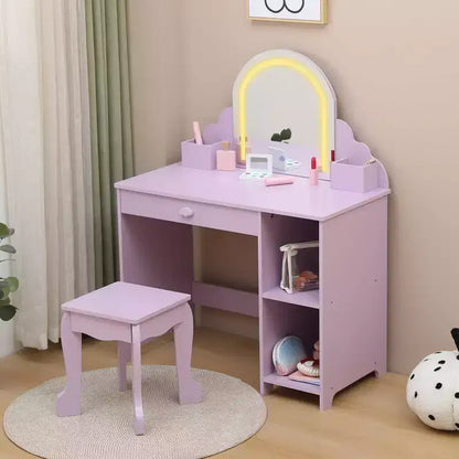 Kids Vanity Desk with Mirror, Princess Makeup Vanity Table with Stool, Drawer,Storage Shelves & Cubbies, Toddler Wood Dressing Table for Little Girls