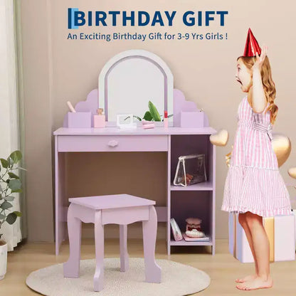Kids Vanity Desk with Mirror, Princess Makeup Vanity Table with Stool, Drawer,Storage Shelves & Cubbies, Toddler Wood Dressing Table for Little Girls