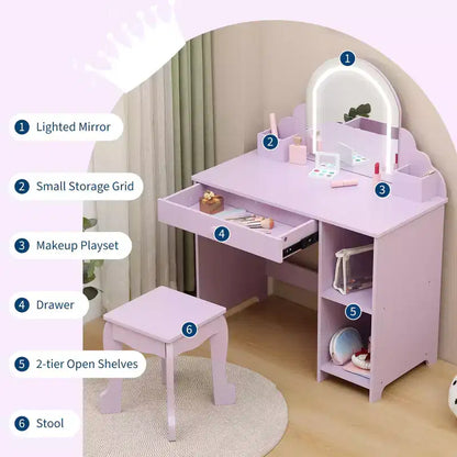 Kids Vanity Desk with Mirror, Princess Makeup Vanity Table with Stool, Drawer,Storage Shelves & Cubbies, Toddler Wood Dressing Table for Little Girls