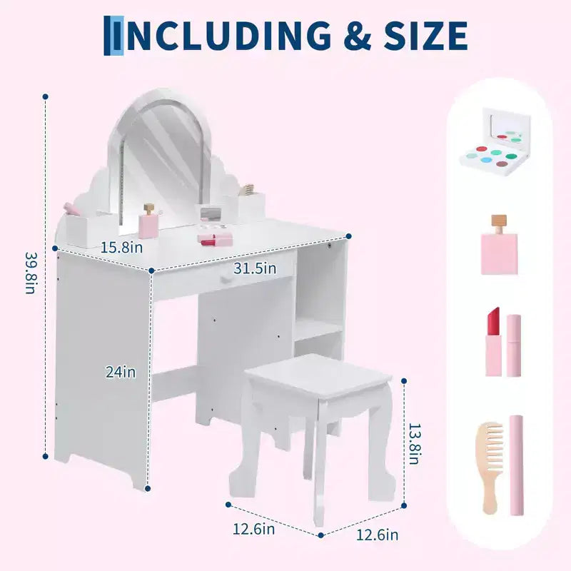 Kids Vanity Desk with Mirror, Princess Makeup Vanity Table with Stool, Drawer,Storage Shelves & Cubbies, Toddler Wood Dressing Table for Little Girls