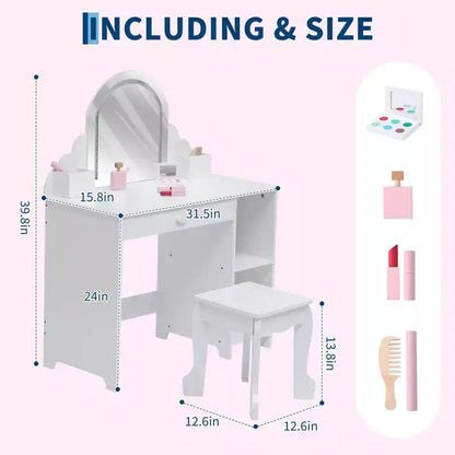 Kids Vanity Desk with Mirror, Princess Makeup Vanity Table with Stool, Drawer,Storage Shelves & Cubbies, Toddler Wood Dressing Table for Little Girls
