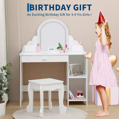 Kids Vanity Desk with Mirror, Princess Makeup Vanity Table with Stool, Drawer,Storage Shelves & Cubbies, Toddler Wood Dressing Table for Little Girls