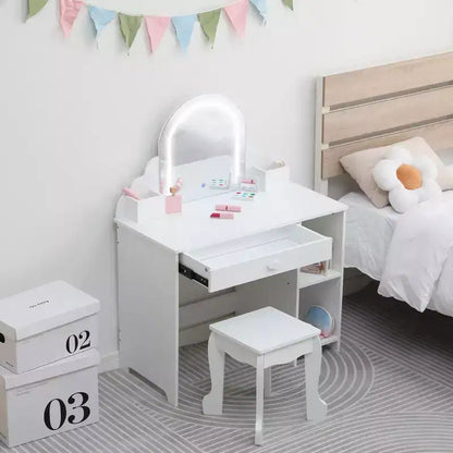 Kids Vanity Desk with Mirror, Princess Makeup Vanity Table with Stool, Drawer,Storage Shelves & Cubbies, Toddler Wood Dressing Table for Little Girls