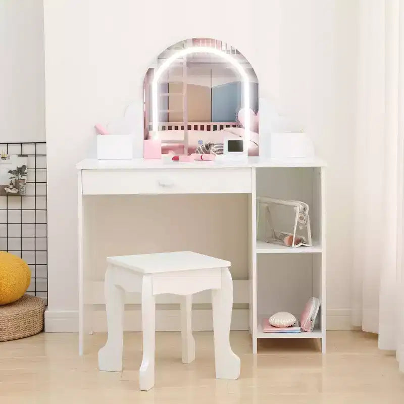 Kids Vanity Desk with Mirror, Princess Makeup Vanity Table with Stool, Drawer,Storage Shelves & Cubbies, Toddler Wood Dressing Table for Little Girls