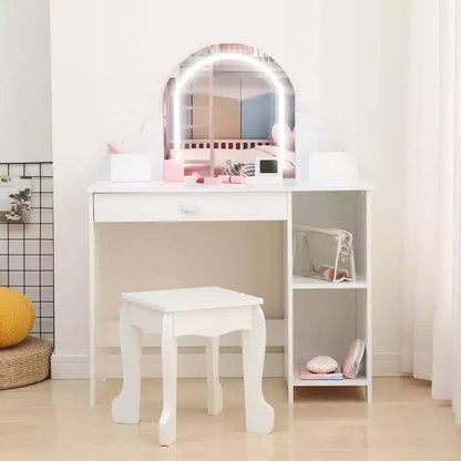 Kids Vanity Desk with Mirror, Princess Makeup Vanity Table with Stool, Drawer,Storage Shelves & Cubbies, Toddler Wood Dressing Table for Little Girls