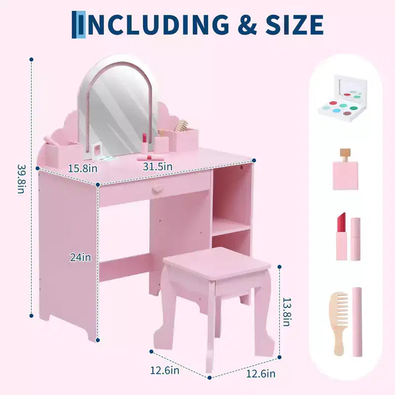 Kids Vanity Desk with Mirror, Princess Makeup Vanity Table with Stool, Drawer,Storage Shelves & Cubbies, Toddler Wood Dressing Table for Little Girls