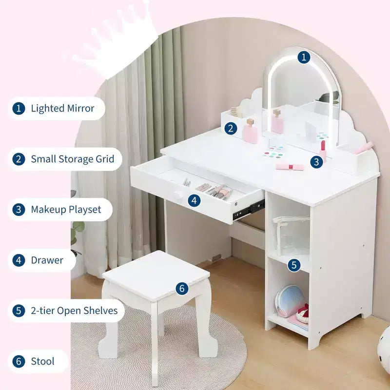 Kids Vanity Desk with Mirror, Princess Makeup Vanity Table with Stool, Drawer,Storage Shelves & Cubbies, Toddler Wood Dressing Table for Little Girls