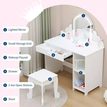 Kids Vanity Desk with Mirror, Princess Makeup Vanity Table with Stool, Drawer,Storage Shelves & Cubbies, Toddler Wood Dressing Table for Little Girls