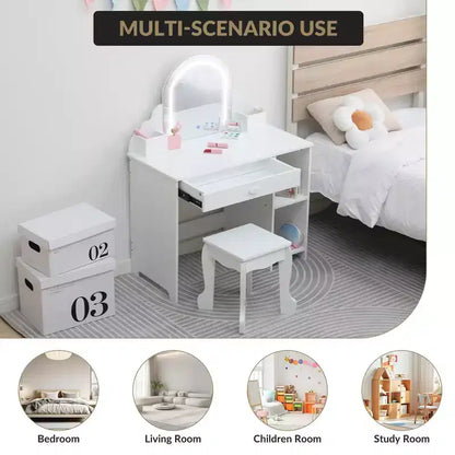 Kids Vanity Desk with Mirror, Princess Makeup Vanity Table with Stool, Drawer,Storage Shelves & Cubbies, Toddler Wood Dressing Table for Little Girls