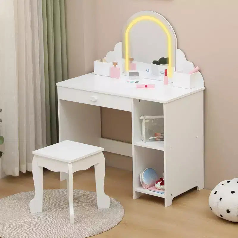 Kids Vanity Desk with Mirror, Princess Makeup Vanity Table with Stool, Drawer,Storage Shelves & Cubbies, Toddler Wood Dressing Table for Little Girls