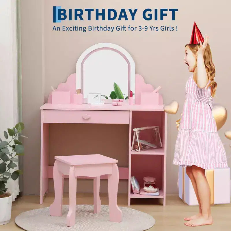 Kids Vanity Desk with Mirror, Princess Makeup Vanity Table with Stool, Drawer,Storage Shelves & Cubbies, Toddler Wood Dressing Table for Little Girls