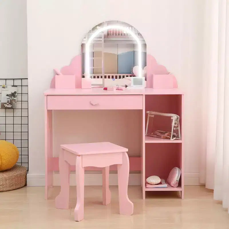 Kids Vanity Desk with Mirror, Princess Makeup Vanity Table with Stool, Drawer,Storage Shelves & Cubbies, Toddler Wood Dressing Table for Little Girls