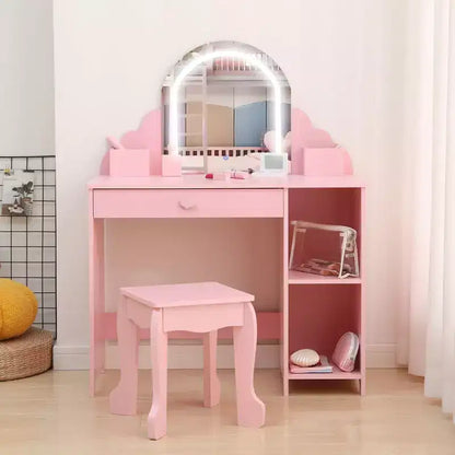 Kids Vanity Desk with Mirror, Princess Makeup Vanity Table with Stool, Drawer,Storage Shelves & Cubbies, Toddler Wood Dressing Table for Little Girls