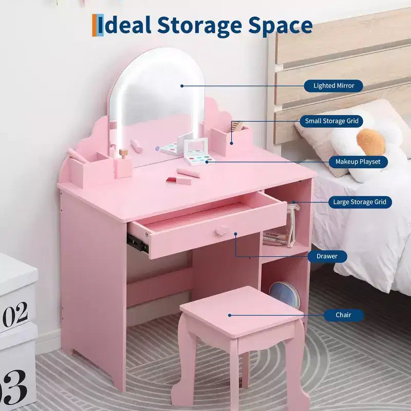 Kids Vanity Desk with Mirror, Princess Makeup Vanity Table with Stool, Drawer,Storage Shelves & Cubbies, Toddler Wood Dressing Table for Little Girls
