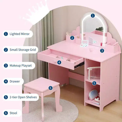 Kids Vanity Desk with Mirror, Princess Makeup Vanity Table with Stool, Drawer,Storage Shelves & Cubbies, Toddler Wood Dressing Table for Little Girls