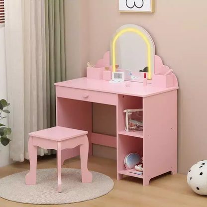 Kids Vanity Desk with Mirror, Princess Makeup Vanity Table with Stool, Drawer,Storage Shelves & Cubbies, Toddler Wood Dressing Table for Little Girls