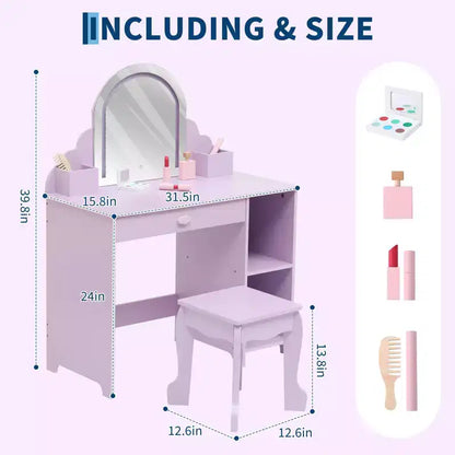 Kids Vanity Desk with Mirror, Princess Makeup Vanity Table with Stool, Drawer,Storage Shelves & Cubbies, Toddler Wood Dressing Table for Little Girls