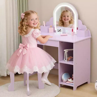 Kids Vanity Desk with Mirror, Princess Makeup Vanity Table with Stool, Drawer,Storage Shelves & Cubbies, Toddler Wood Dressing Table for Little Girls