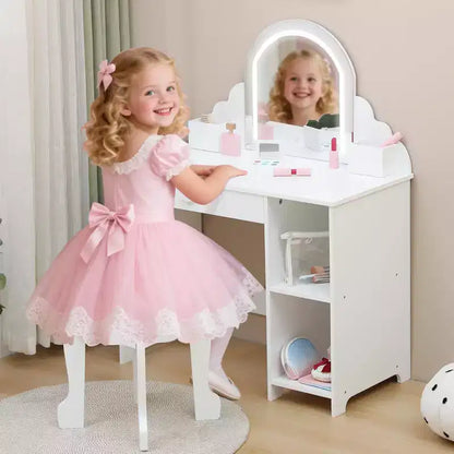 Kids Vanity Desk with Mirror, Princess Makeup Vanity Table with Stool, Drawer,Storage Shelves & Cubbies, Toddler Wood Dressing Table for Little Girls