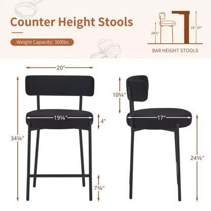 Furnilivng 24Modern Boucle Fabric Counter Height Stools Set of 2, Mid Back and Metal Frame for Kitchen Island, Dining Room