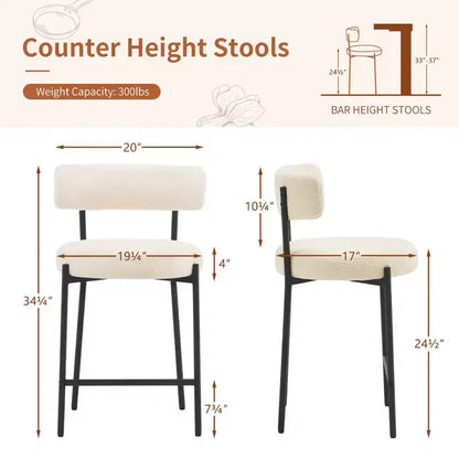 Furnilivng 24Modern Boucle Fabric Counter Height Stools Set of 2, Mid Back and Metal Frame for Kitchen Island, Dining Room