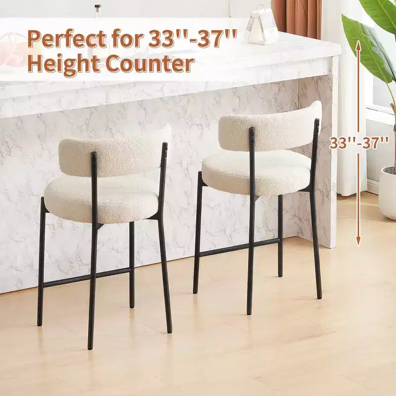 Furnilivng 24Modern Boucle Fabric Counter Height Stools Set of 2, Mid Back and Metal Frame for Kitchen Island, Dining Room