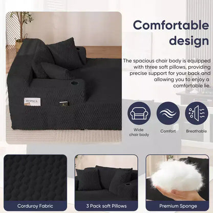 Mjkone 54Chaise Lounge Chair,Turtle Velvet Single Sofa Chair,Upholstered Reading Chair With Pillows,Cup Holders,Side Pockets